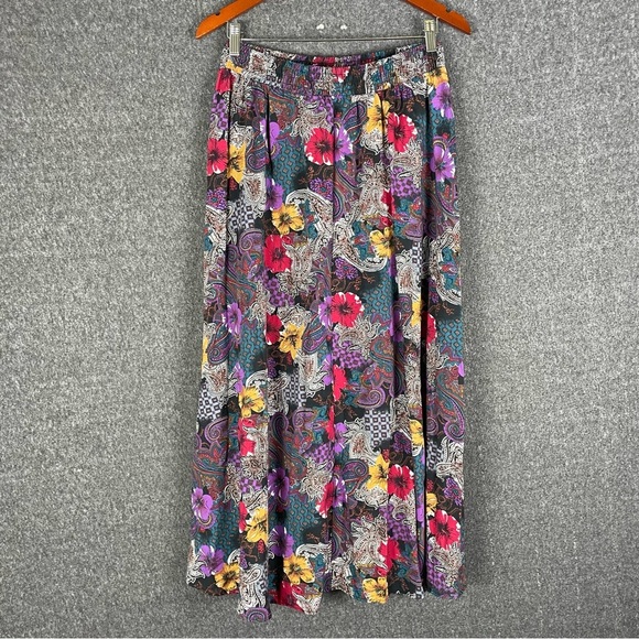 VTG Dark Floral Boho Midi Skirt M Elastic Waist Whimsigoth Dark Cottage Pleated - Picture 4 of 7